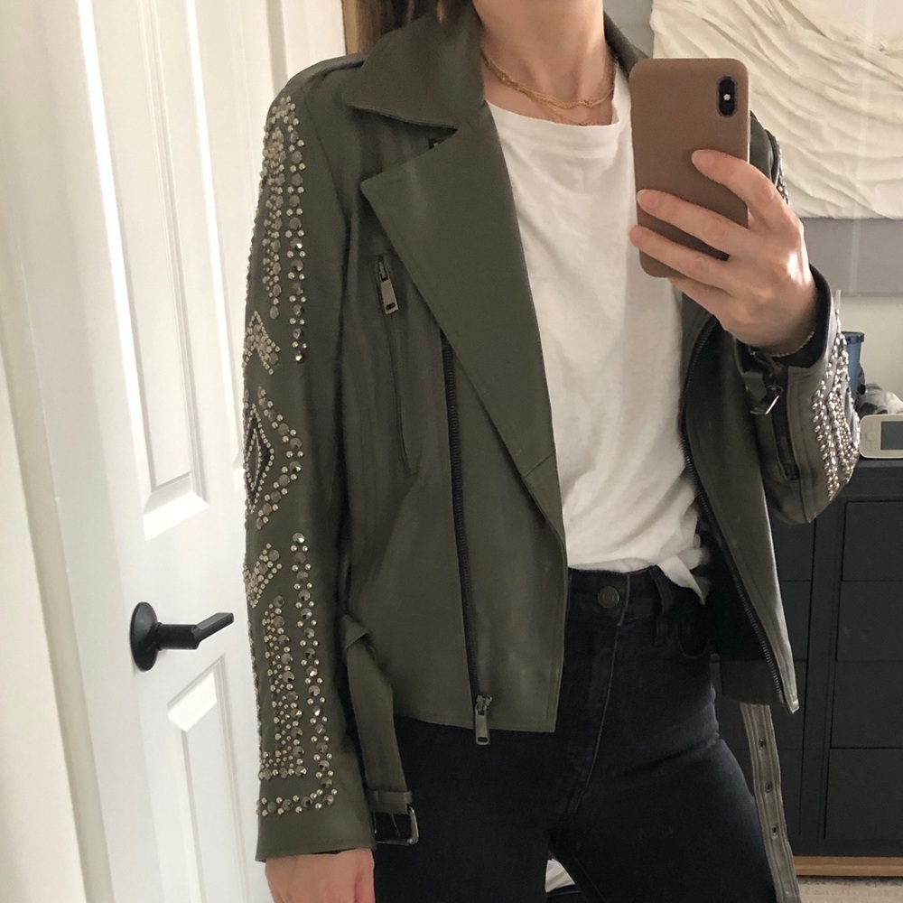 Nour Hammour olive studded embellished leather jacket sz 40 NWT